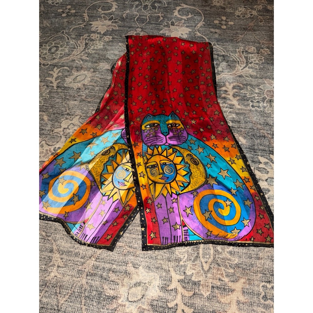 Laurel Burch Celestial Sun, Stars & Cat Art 100% Silk Scarf Oblong Signed